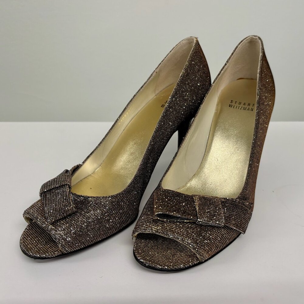 Stuart Weitzman Pyrite glitzy metallic shine open toe heels women's size 8